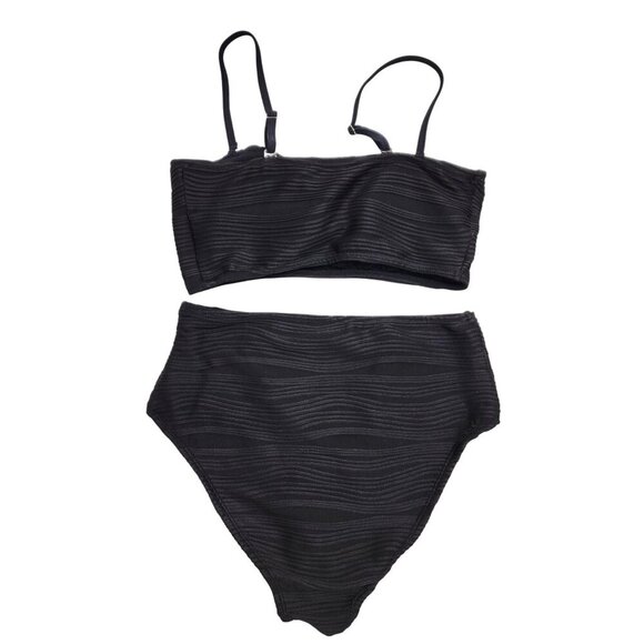 Black Textured Womens High-Waisted Bikini Set Swimsuit Adjustable Straps Size S - Picture 3 of 5